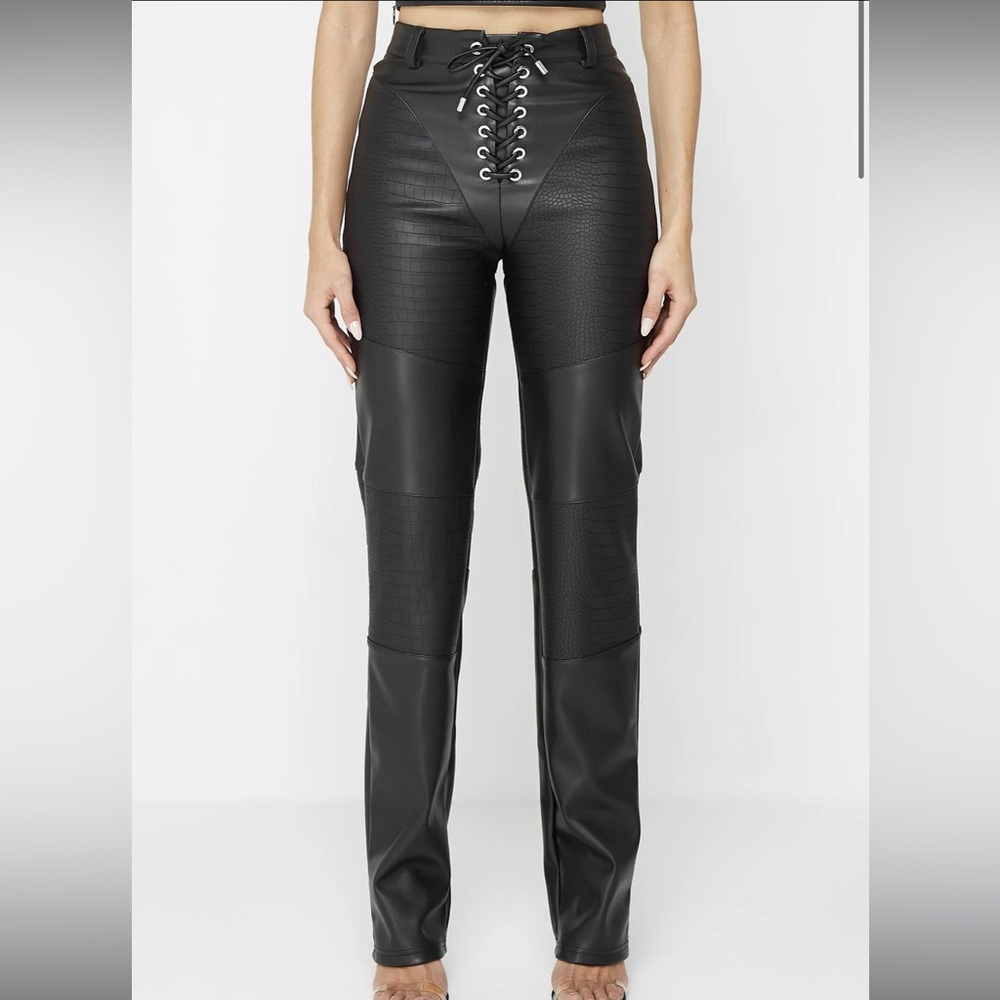 Lace up leather black pants